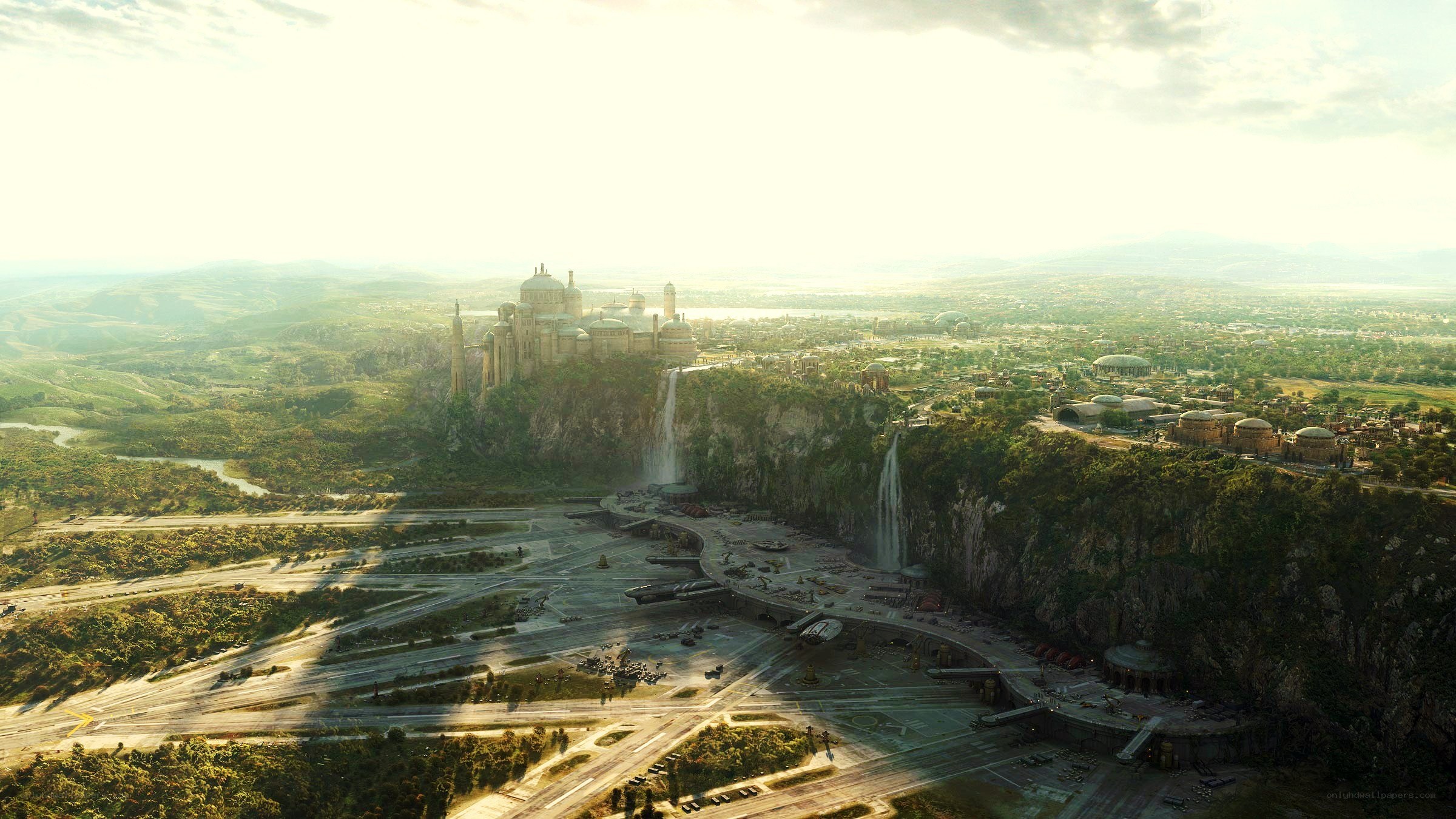 futuristic city on a cliff
