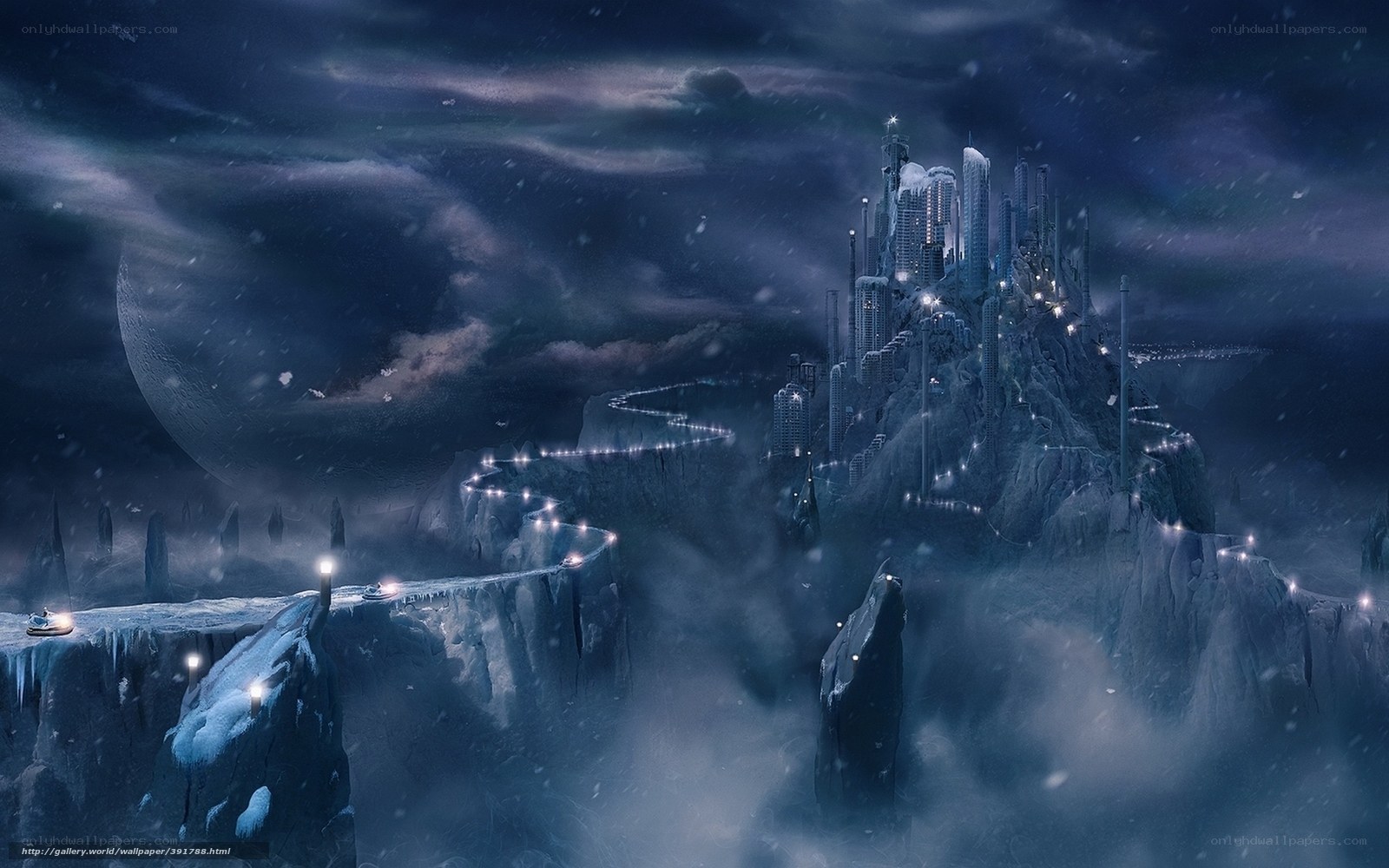 Futuristic city on a snowy cliff