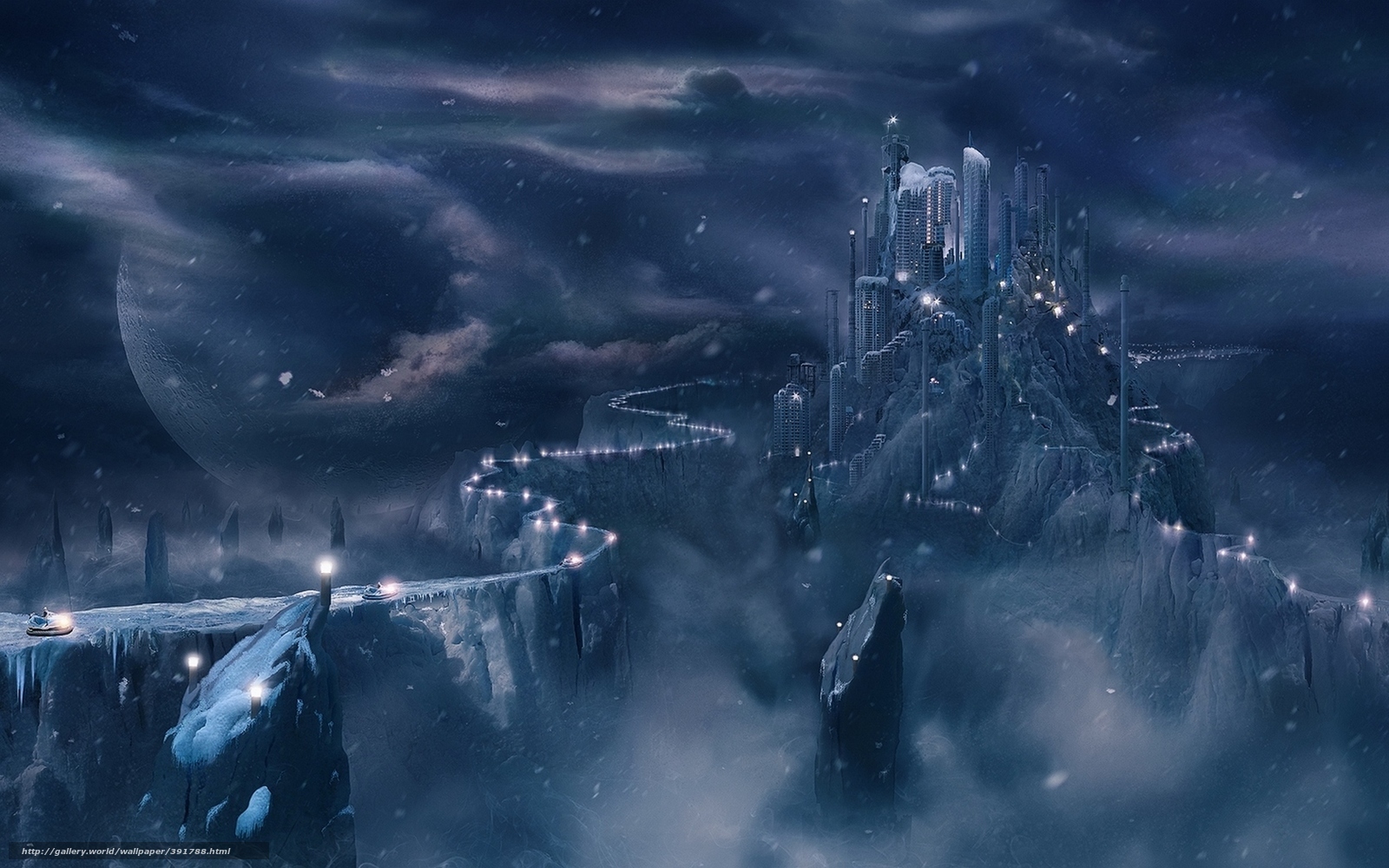 Futuristic city on a snowy cliff