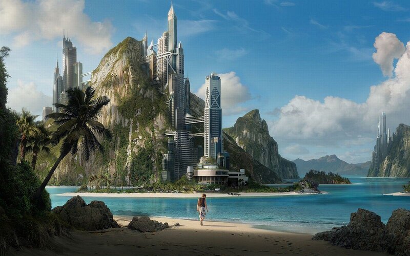 futuristic city on a tropical island