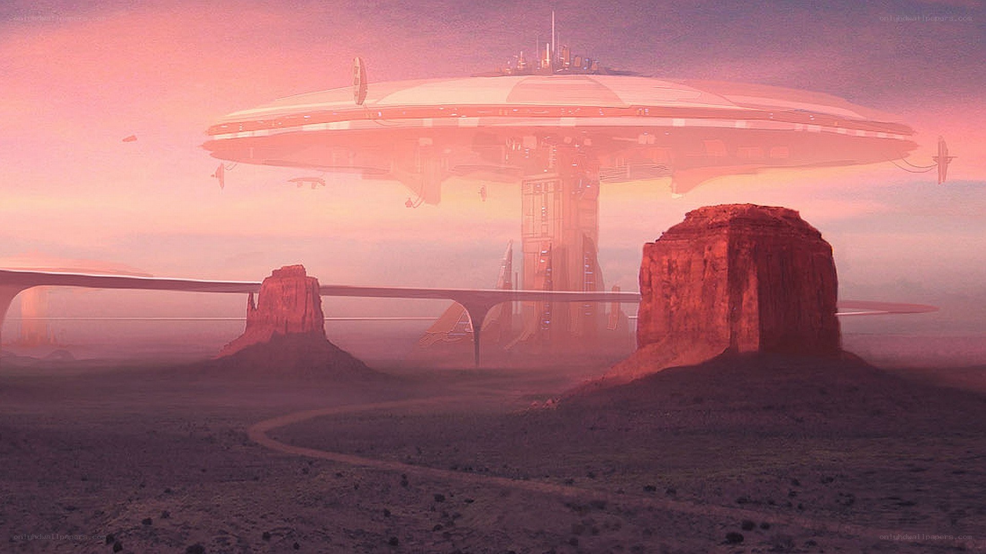futuristic city on alien planet