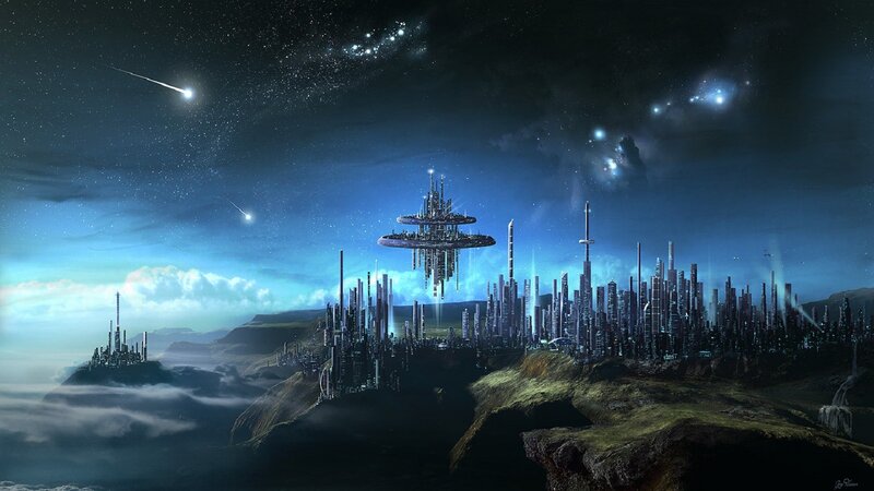 futuristic city on alien planet