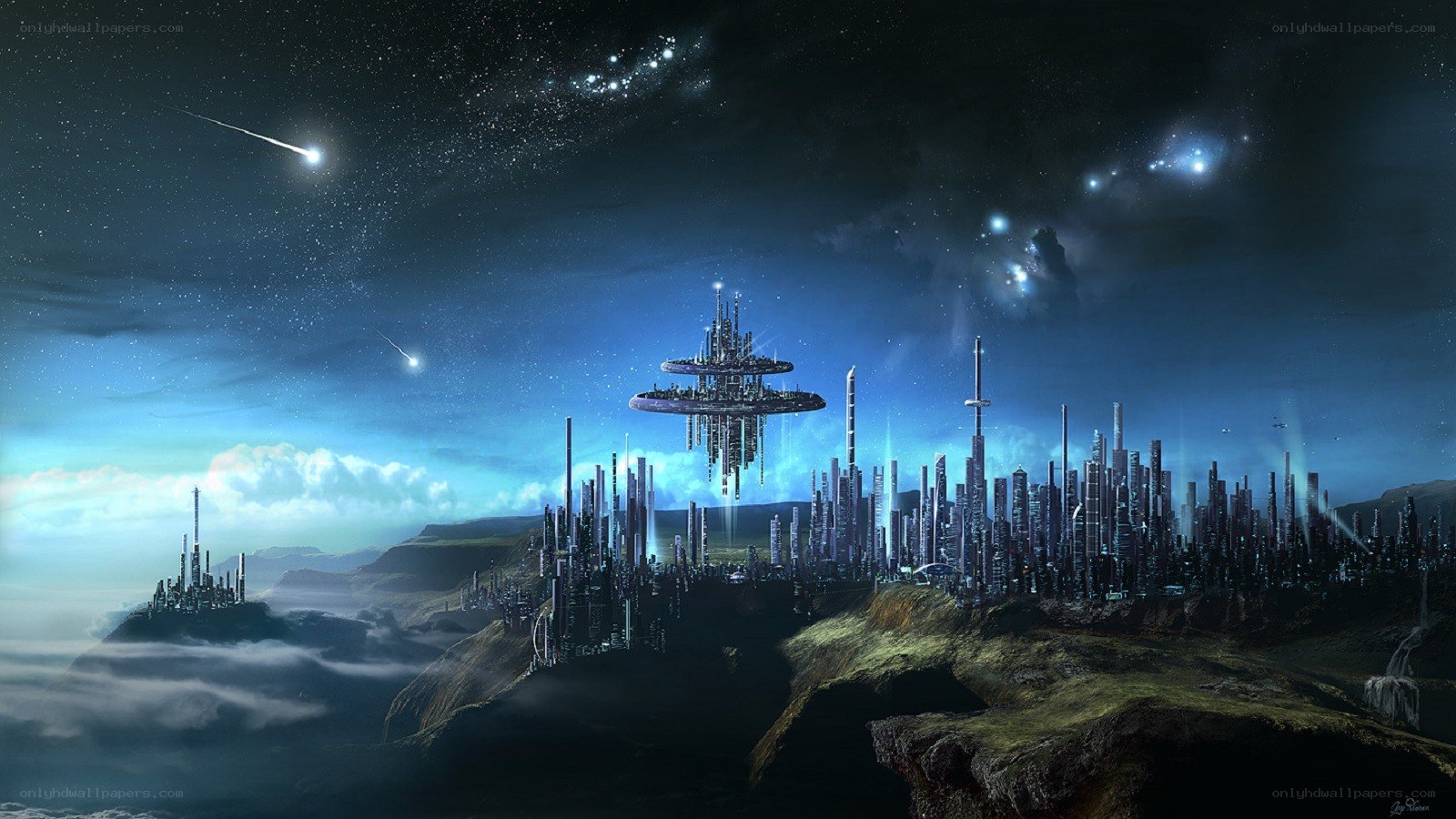 futuristic city on alien planet