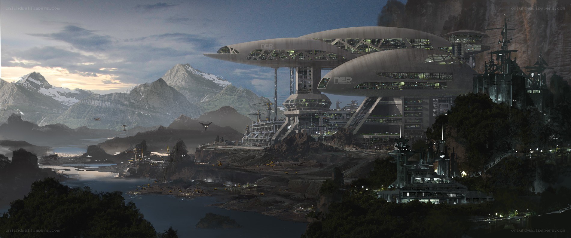 futuristic city on alien planet