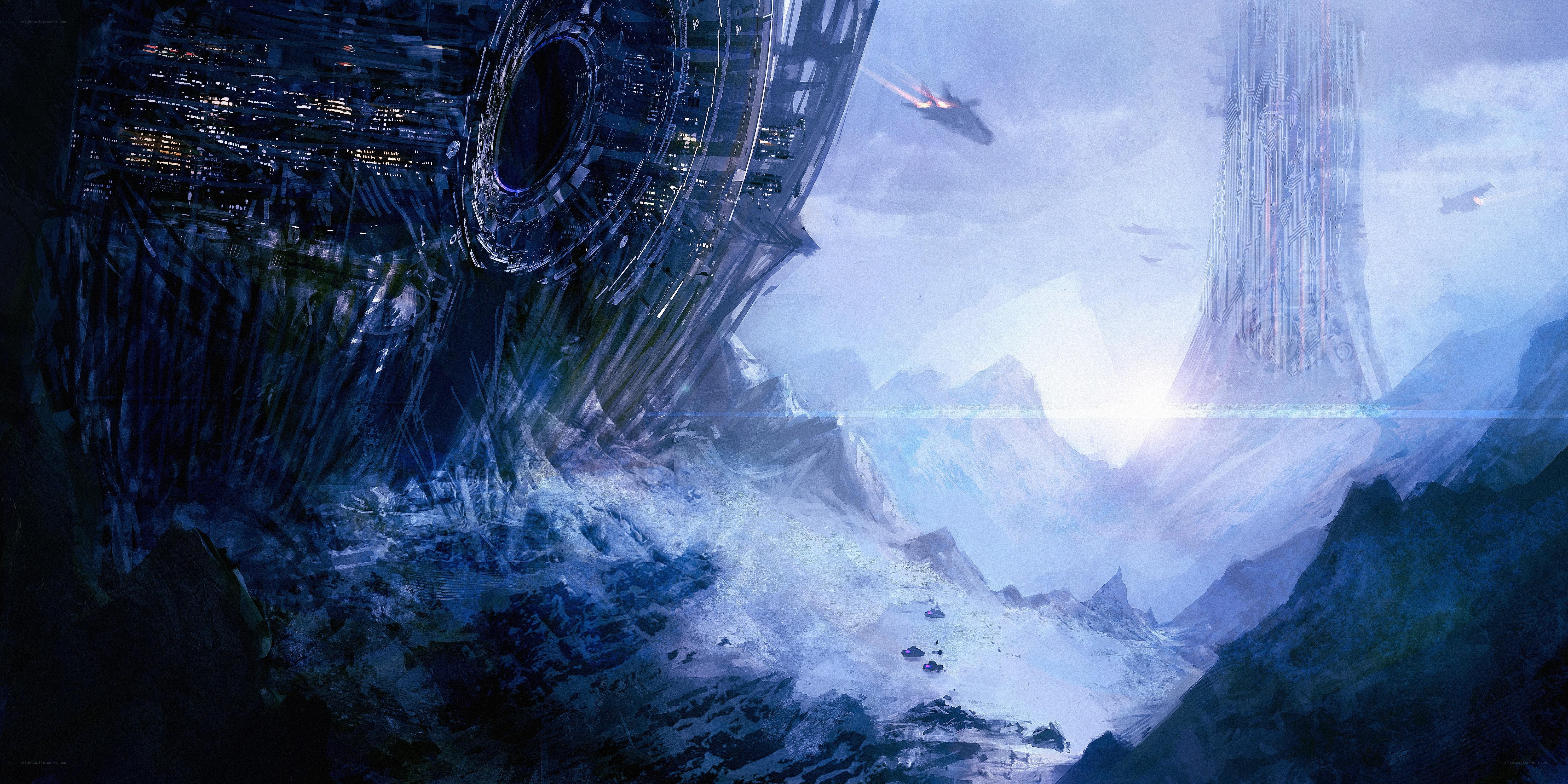 futuristic city on alien planet