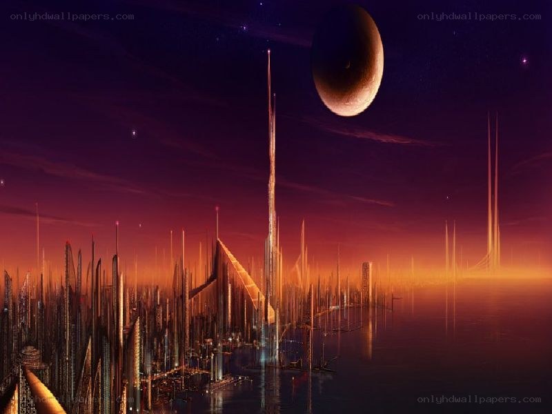 futuristic city on alien planet