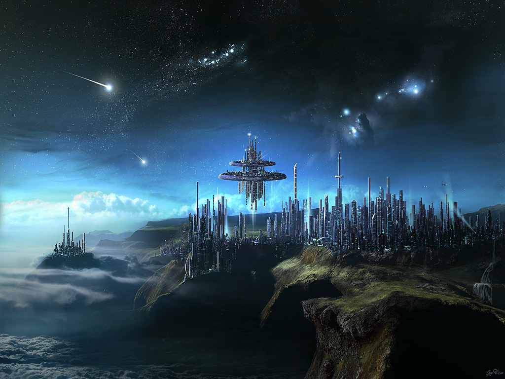 futuristic city on alien planet