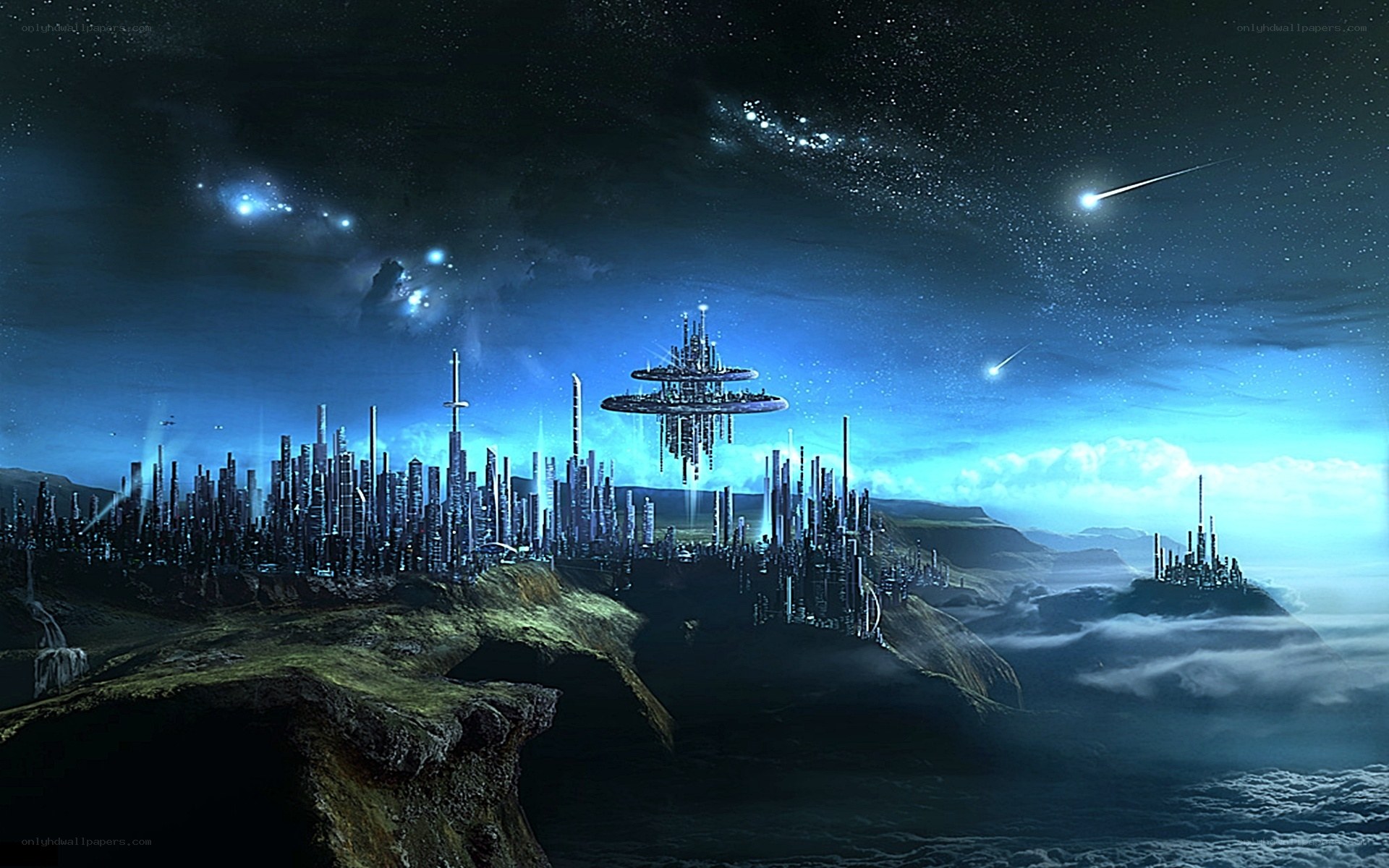 futuristic city on alien planet