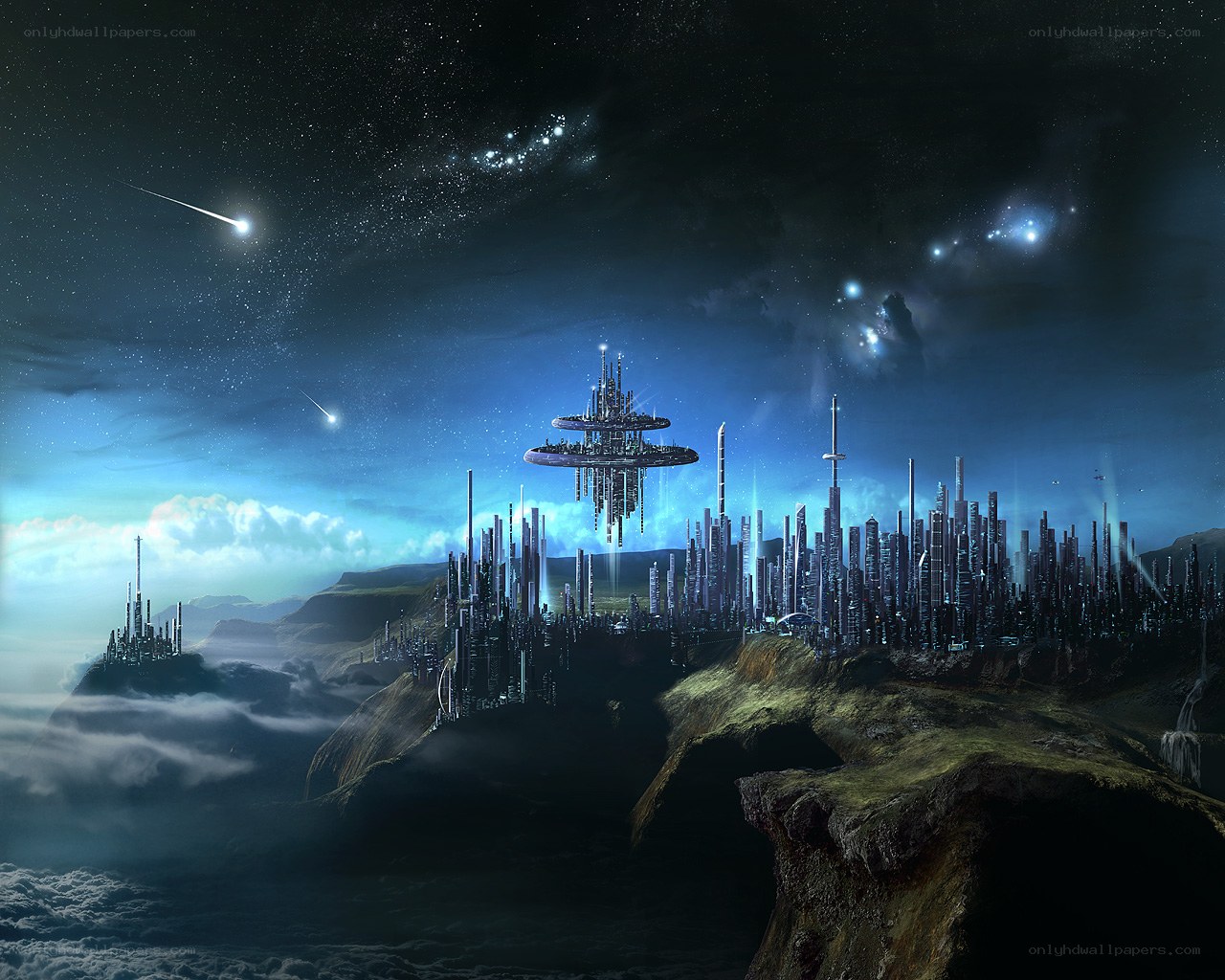 futuristic city on alien planet