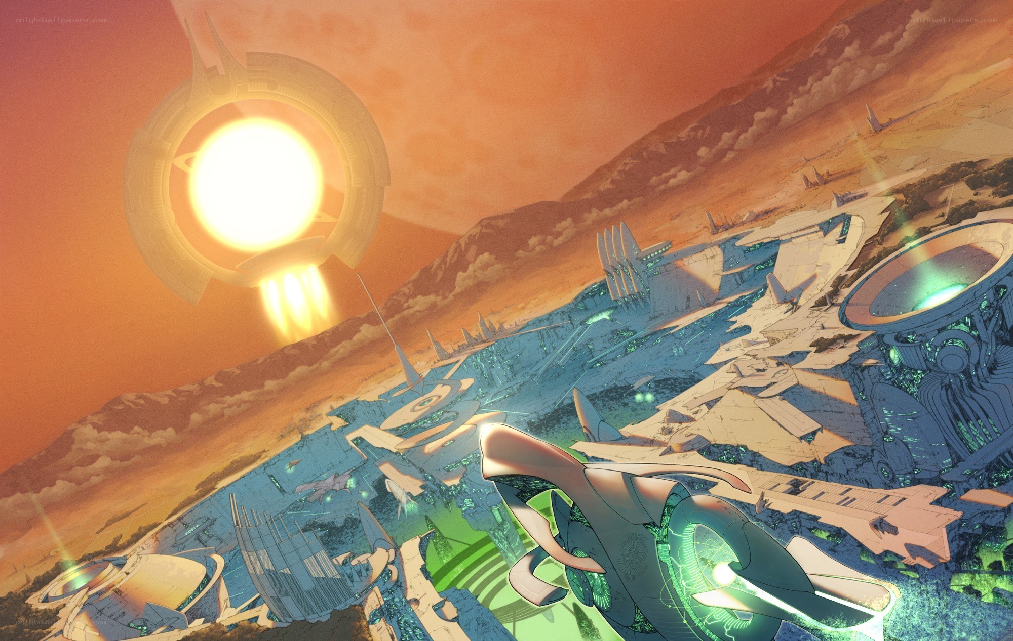 futuristic city on alien planet