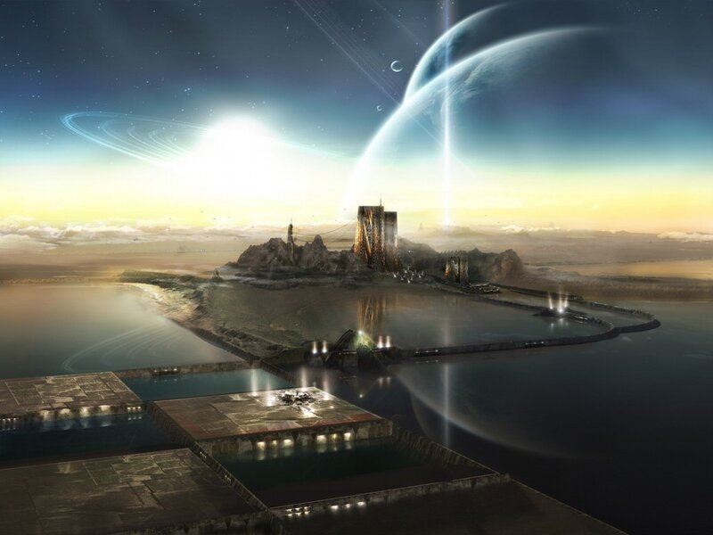Futuristic City on Alien Planet — Blue, Dramatic, Sunset, Digital Art, Moon, Spacecraft