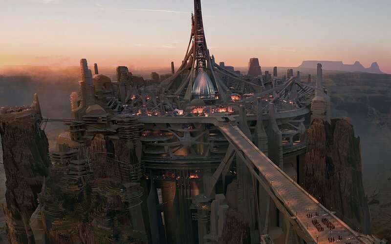 Futuristic City on Canyon — Orange, Dramatic, Sunset, Digital Art, Bridge, Tower, Gray