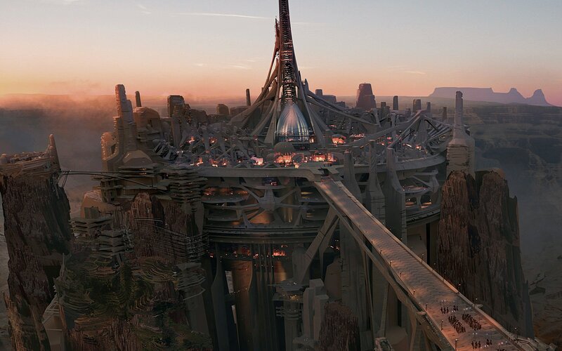 Futuristic City on Canyon — Orange, Dramatic, Sunset, Digital Art, Bridge, Tower