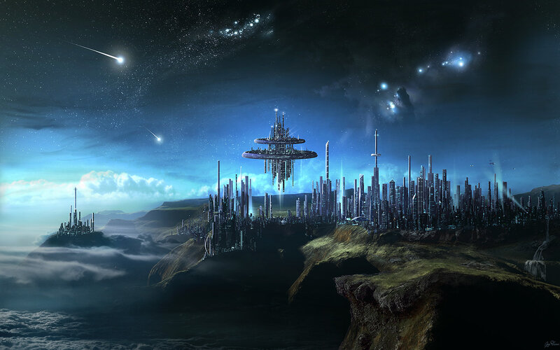 Futuristic City on Cliff — Blue, Dramatic, Night, Digital Art, Sky
