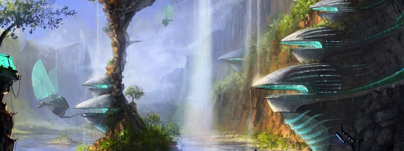 Futuristic City on Cliff — Green, Serene
