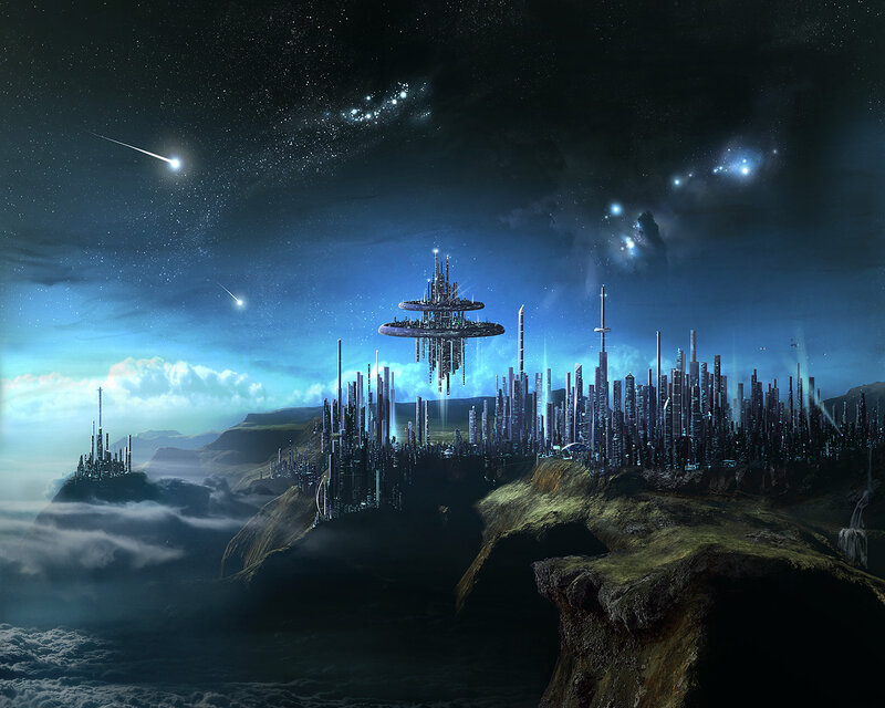 Futuristic City on Cliffs — Blue, Dramatic