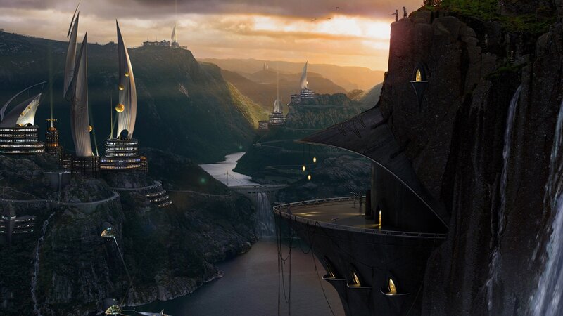 Futuristic City on Cliffs — Gray, Dramatic, Sunset