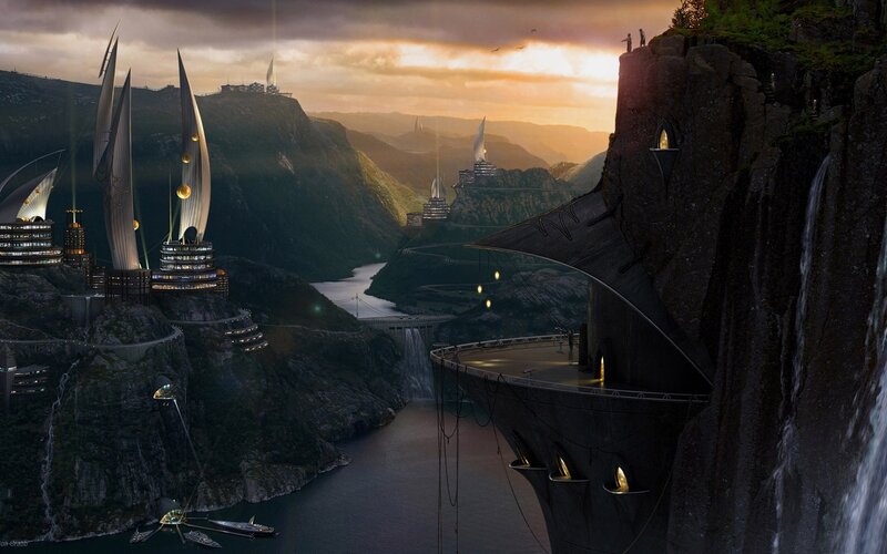 Futuristic City on Cliffs — Gray, Dramatic