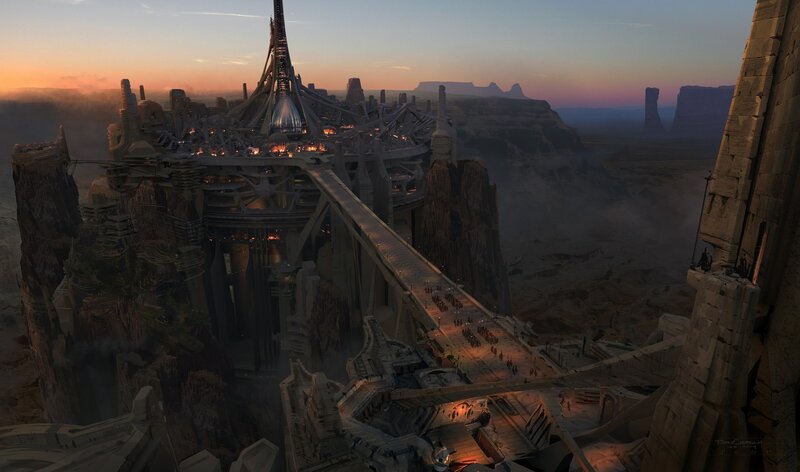 Futuristic City on Cliffs — Orange, Dramatic