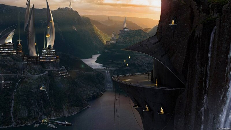 futuristic city on cliffs