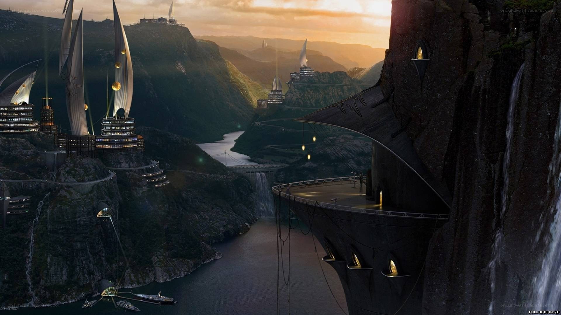 futuristic city on cliffs