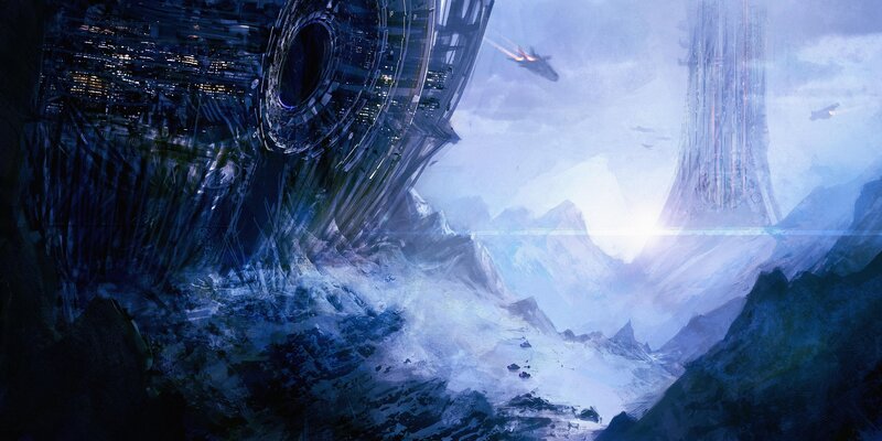 Futuristic City on Mountain — Blue, Dramatic, Night, Digital Art