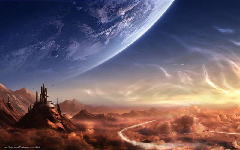 Futuristic City on Mountain — Blue, Dramatic, Sunset