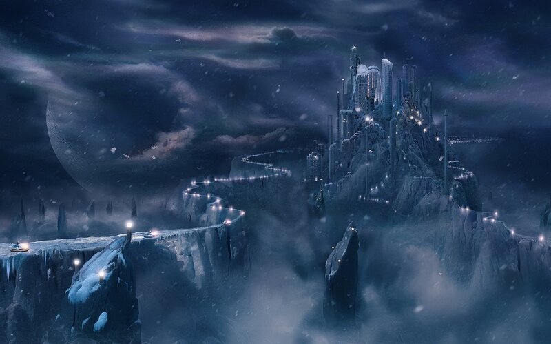 Futuristic City on Mountain — Blue