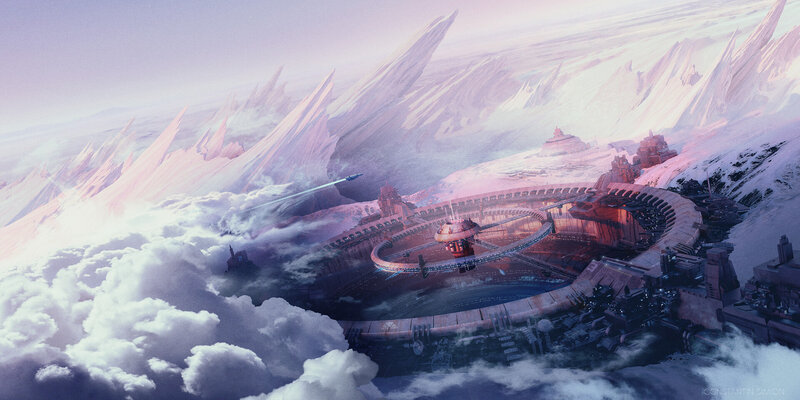 Futuristic City on Mountain — Purple