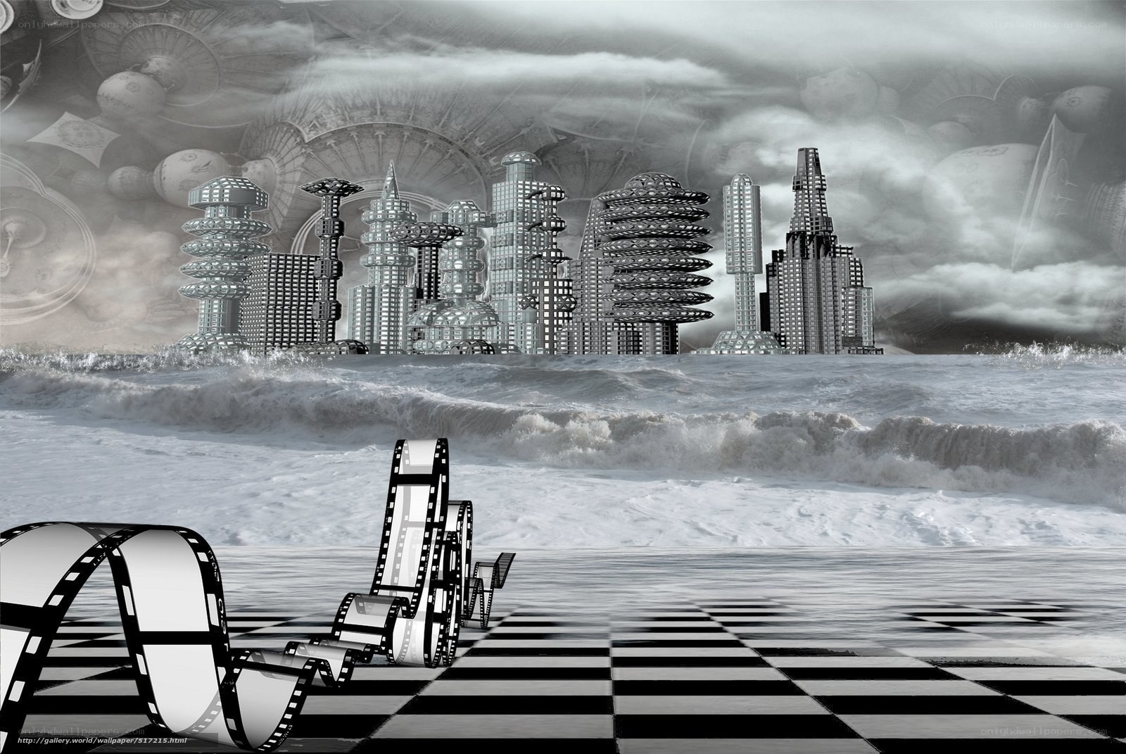 futuristic city on stormy sea