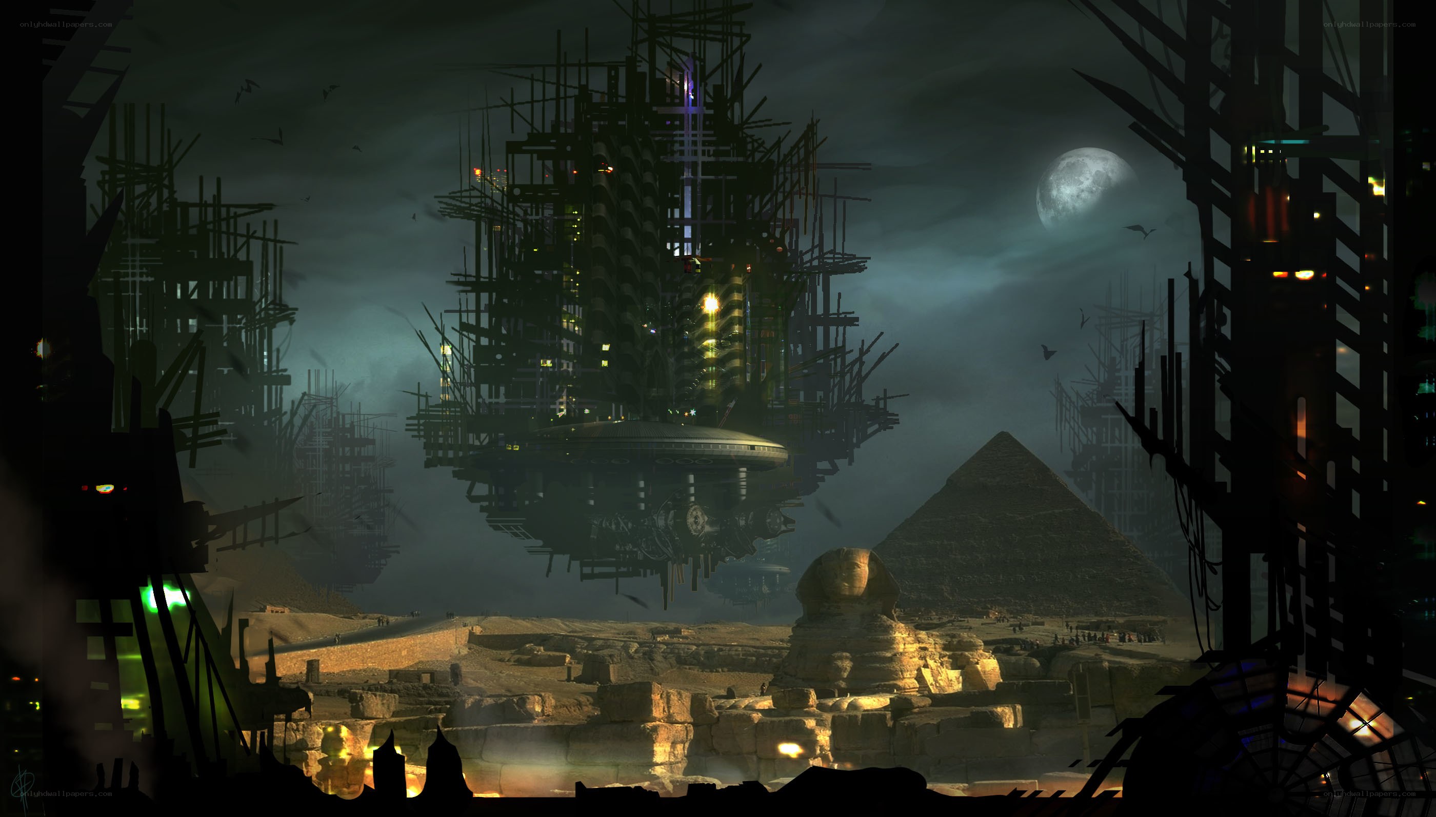 futuristic city over pyramids