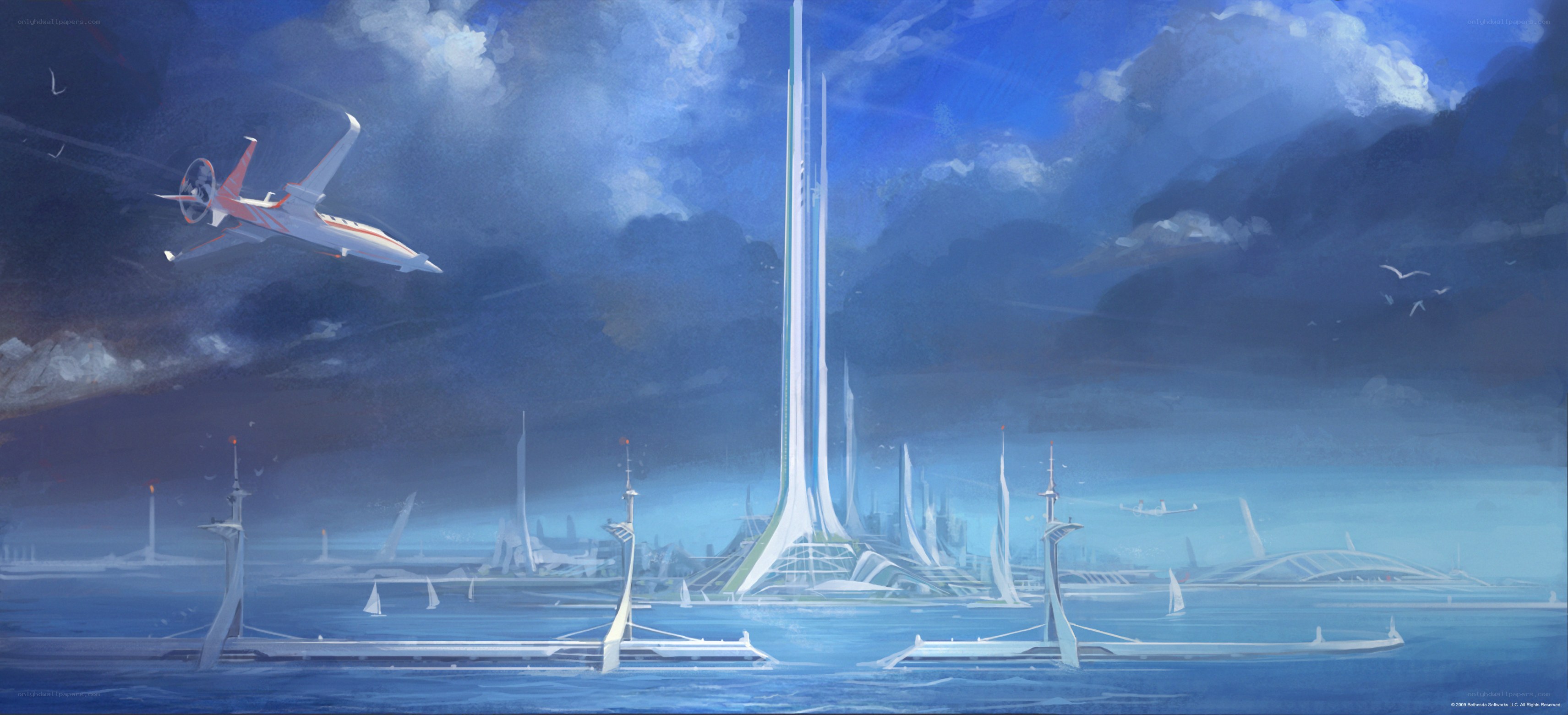futuristic city over water