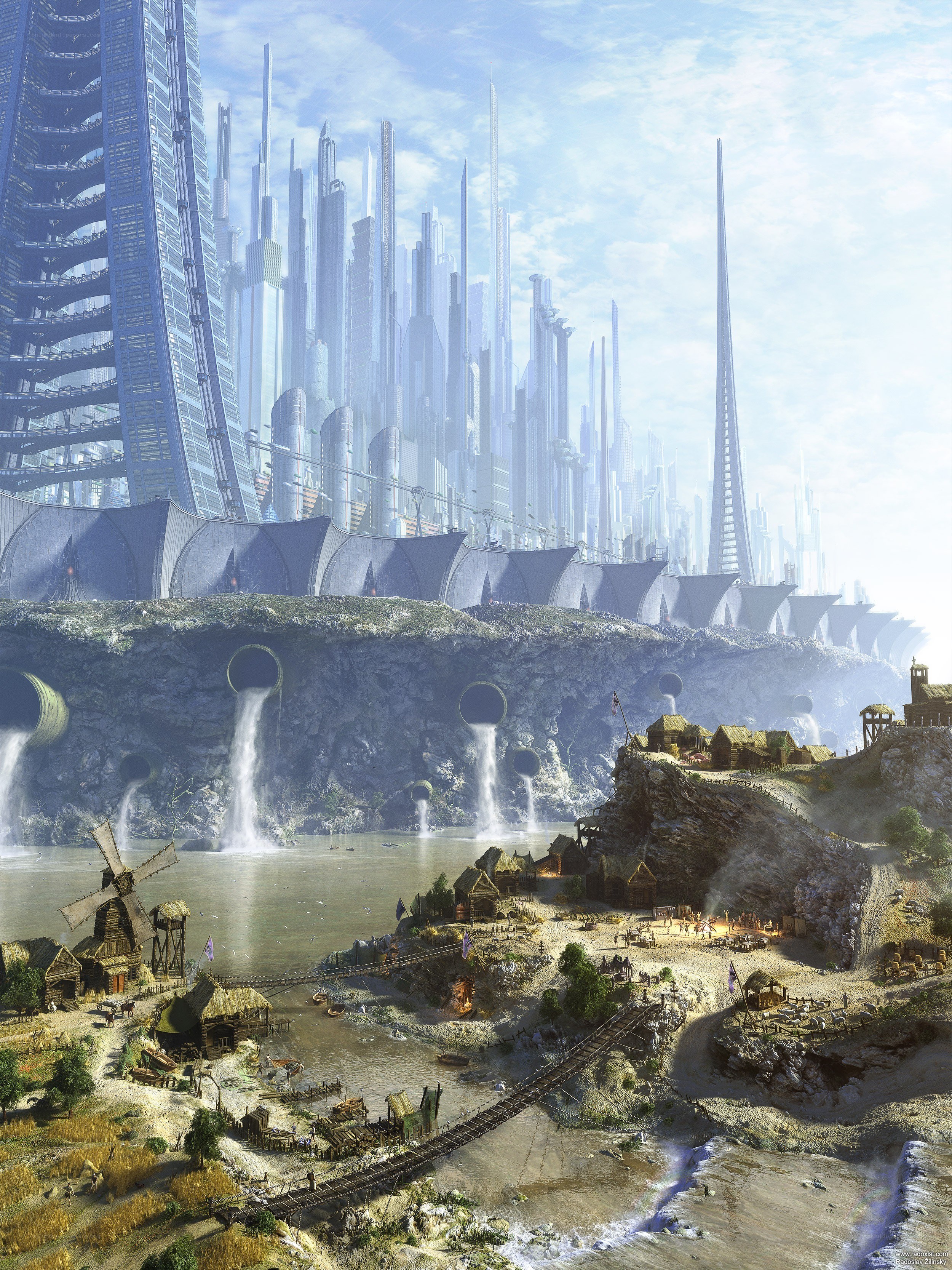 Futuristic city overlooking village