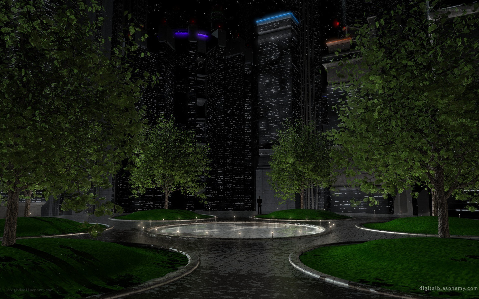futuristic city park at night