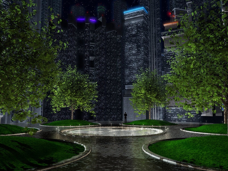 futuristic city park at night