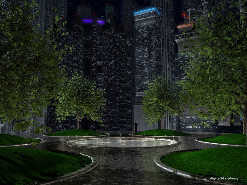 futuristic city park at night