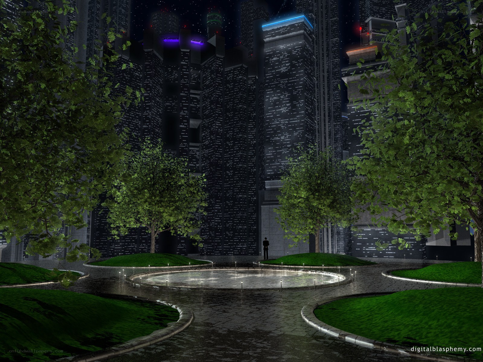 futuristic city park at night