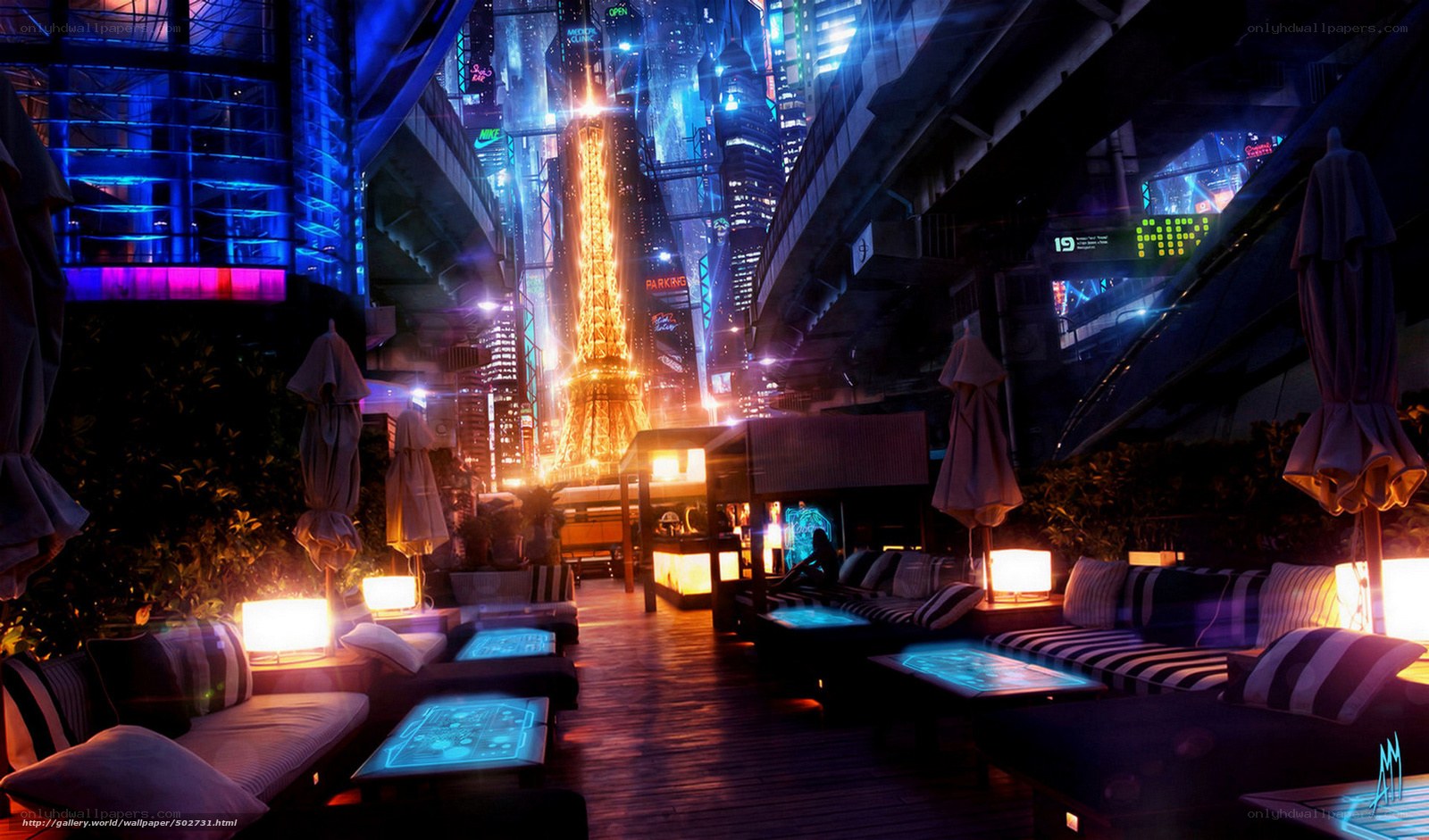 futuristic city rooftop lounge