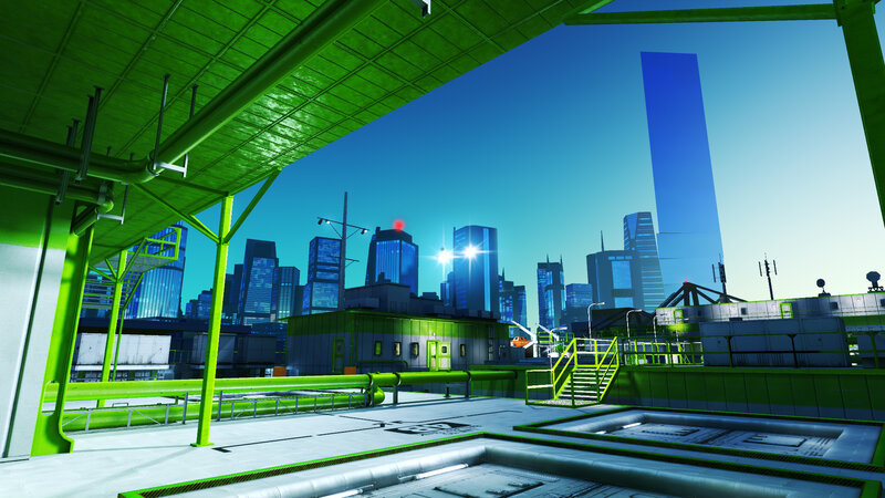 futuristic city rooftop view