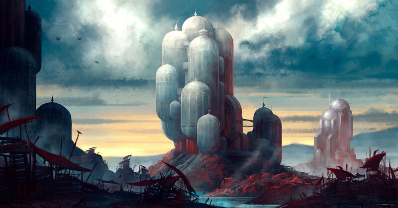 Futuristic City Ruins — Gray, Dramatic, Sunset