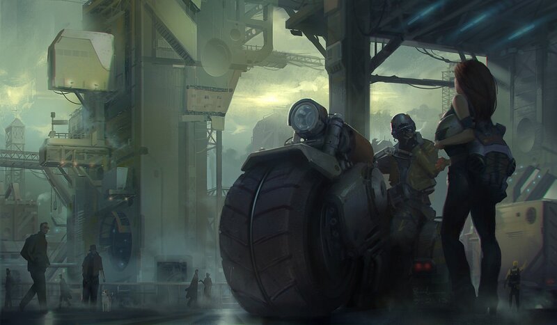 Futuristic city scene with motorbike