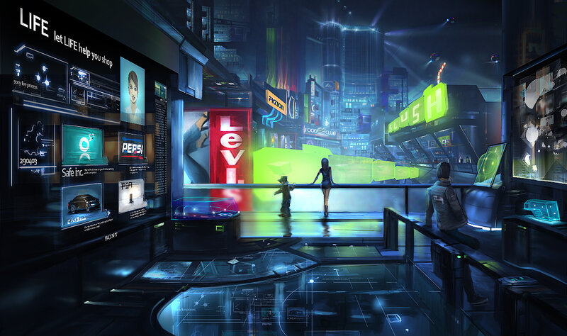 futuristic city shopping scene