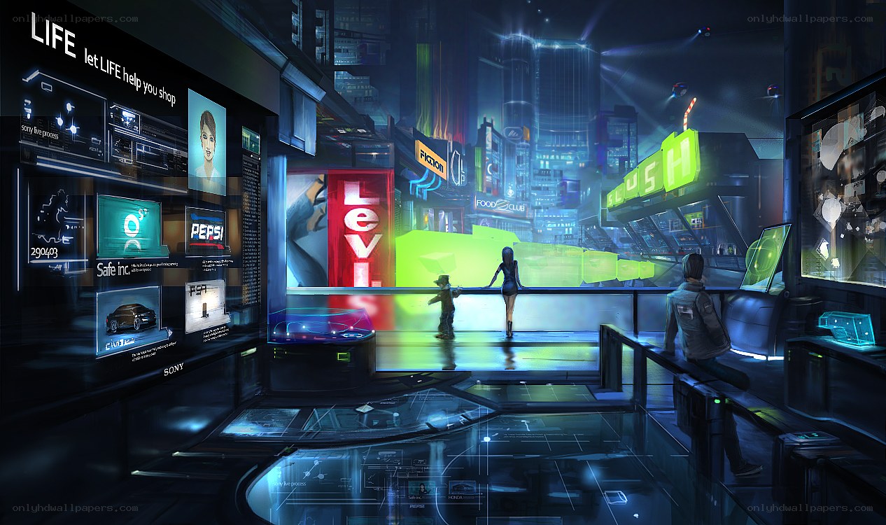 futuristic city shopping scene
