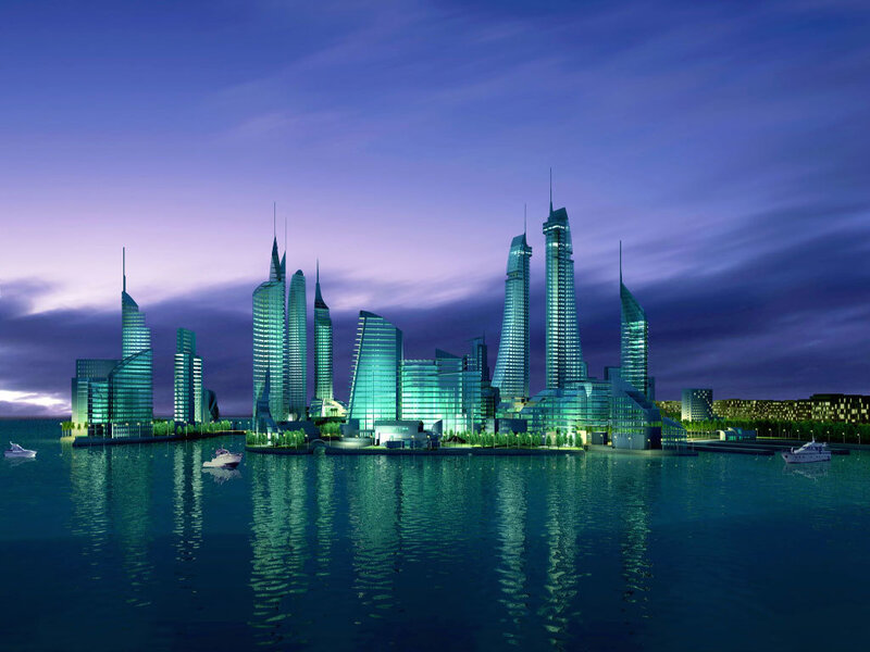 futuristic city skyline at dusk