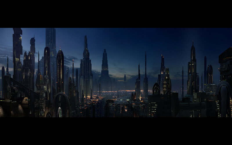 futuristic city skyline at dusk