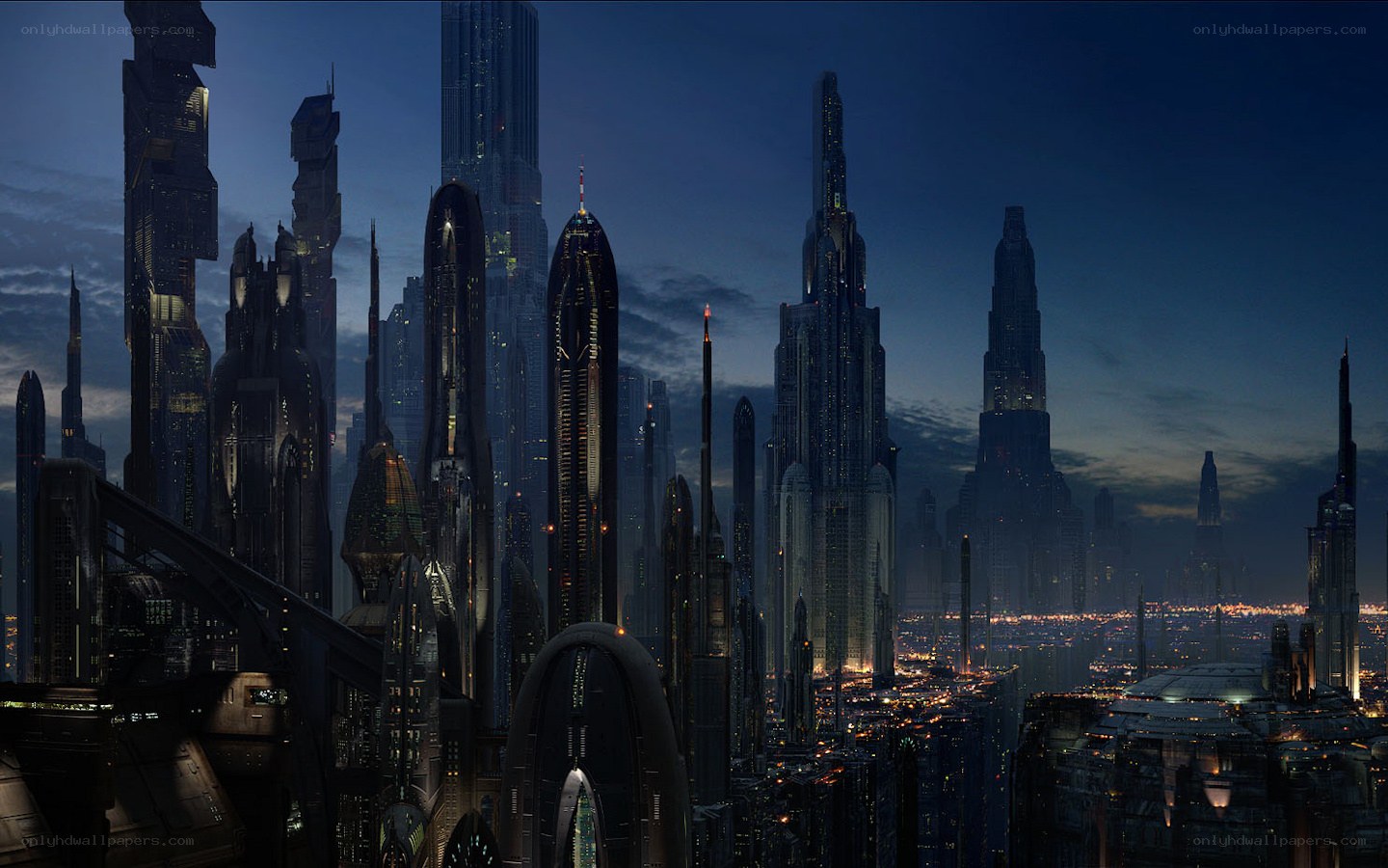 futuristic city skyline at dusk