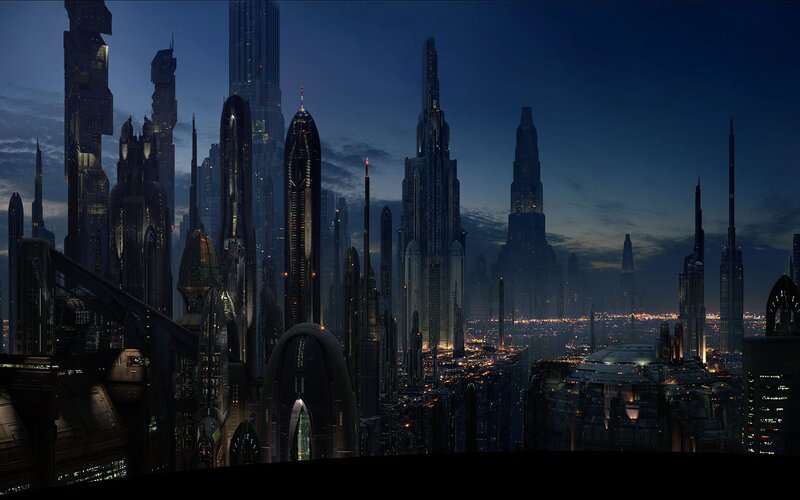 futuristic city skyline at dusk