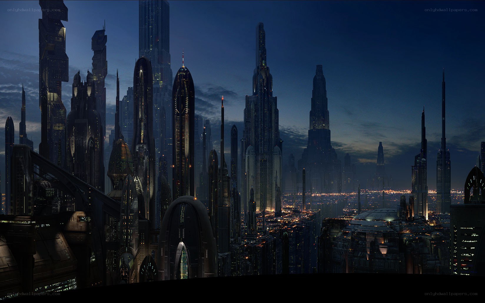 futuristic city skyline at dusk