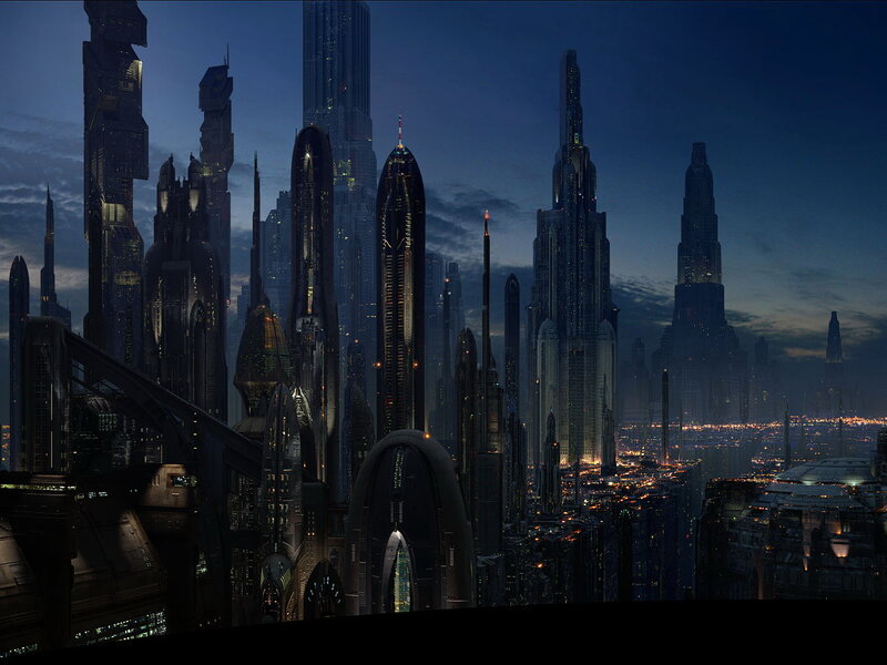 futuristic city skyline at dusk