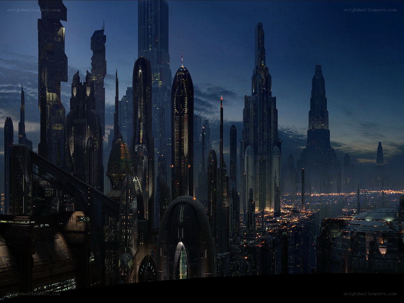futuristic city skyline at dusk